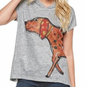Inoah Gray Short Sleeve Hoodie with Wrap Around Spotted Dog Print S